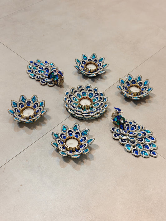 Blue peacock and lotus crystal tealight holder set with kundan and bead work