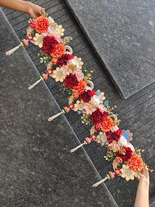 "Handcrafted 40 inch floral mandap toran with mirror work flowers and pearl tassels"