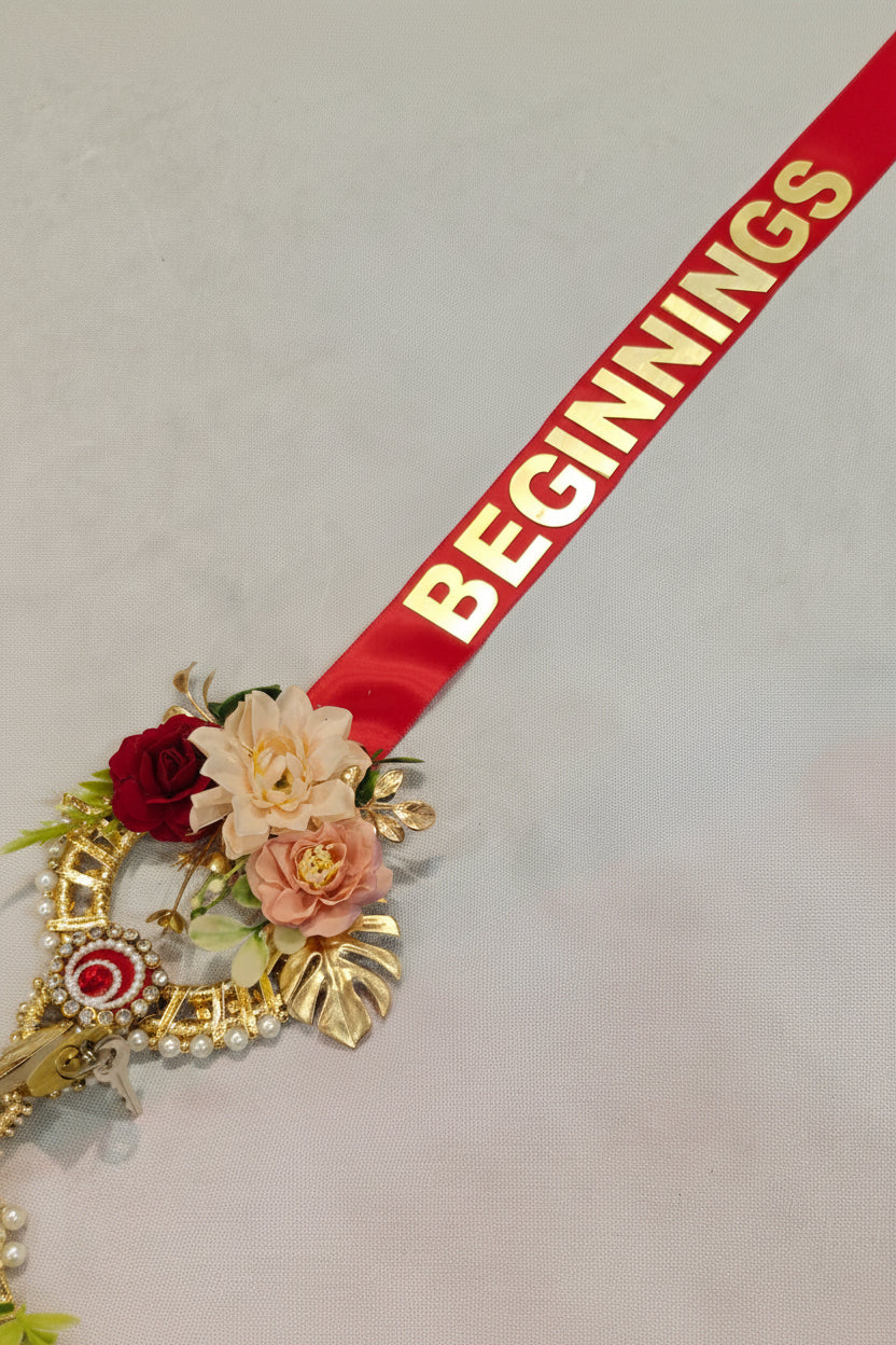 Handcrafted Floral Welcome Lock Ribbon | Inauguration Lock for Shop Opening & Housewarming Ceremony | Red & Gold Ribbon with Artificial Flower Decorated Locks | Griha Pravesh & Grand Opening Décor