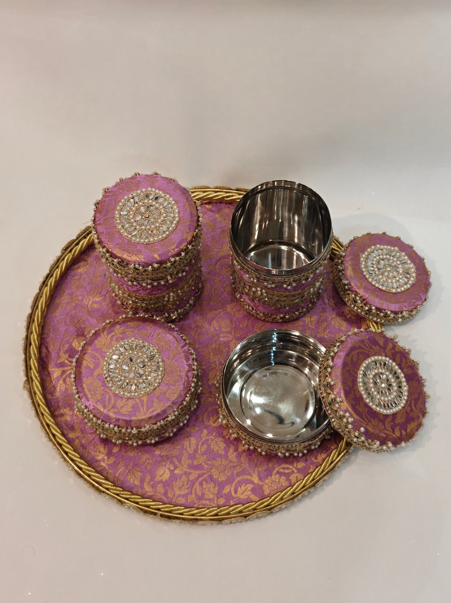 Royal Wedding Mewa & Mithai Platter Set with Decorated Steel Boxes- Lavender