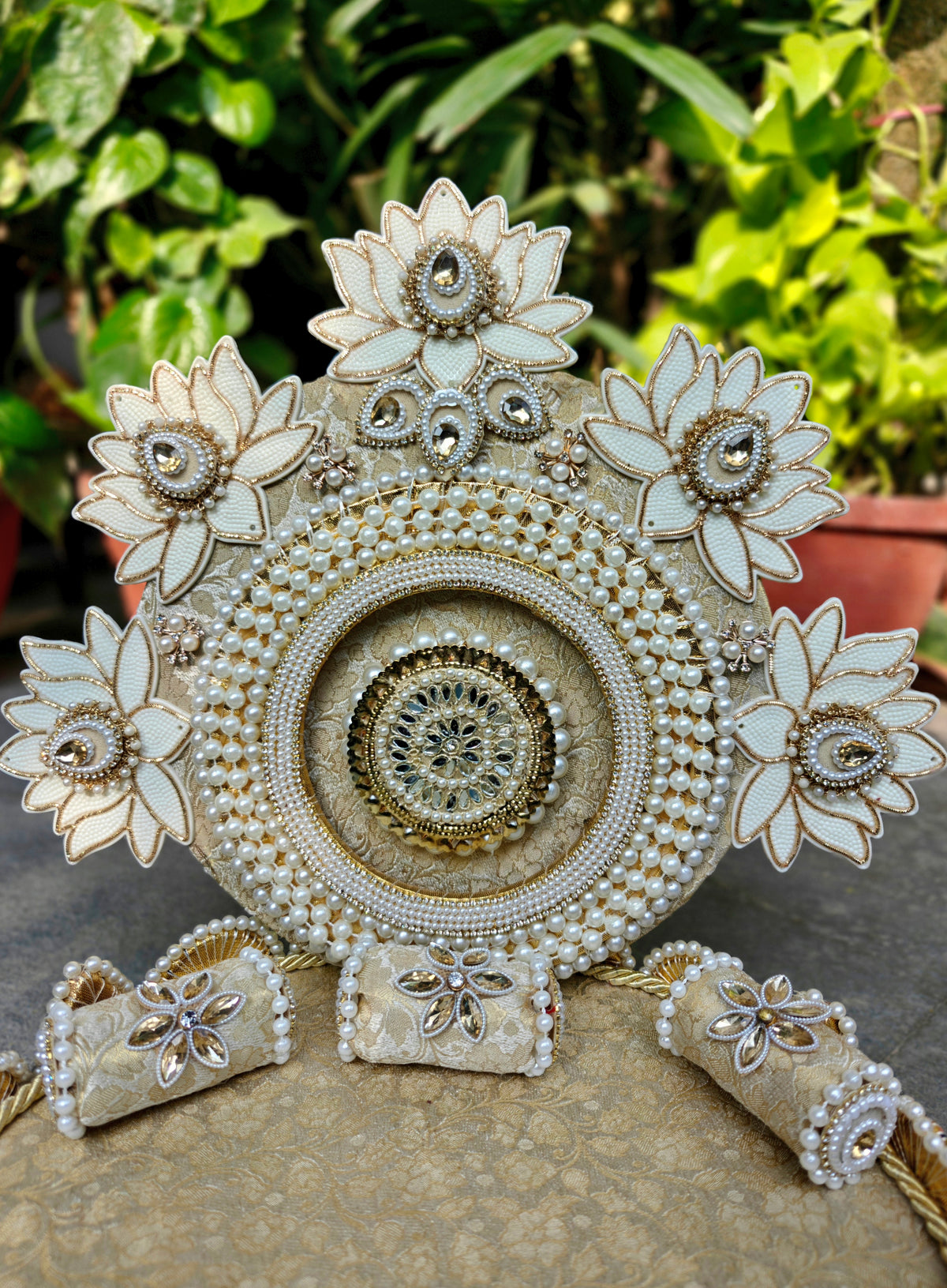 Ivory Lotus Garden Singhaasan for Ladoo Gopal | Handcrafted MDF Deity Throne with Detachable Backdrop | Ivory Gold