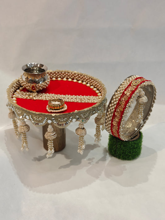 Red & Pearl Karwa Chauth Pooja Thaali Set
