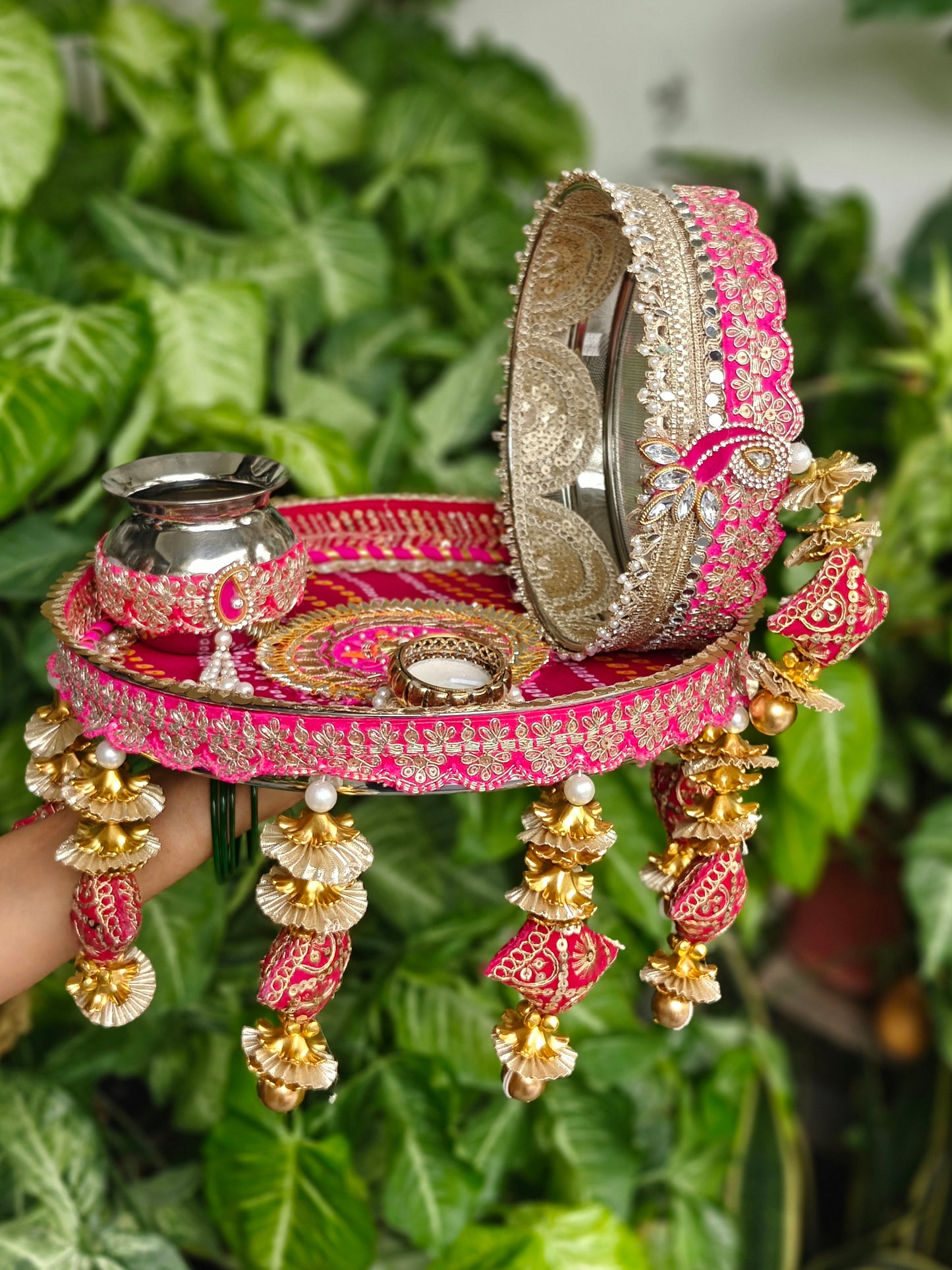 Rani & Golden Karwa Chauth Thali Set – Elegant & Festive