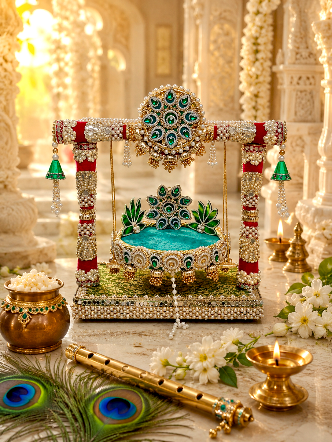 Royal Emerald Jhula & Singhasan for Ladoo Gopal | The Royal Collection | 2-in-1 Handcrafted Emerald Green & Crimson Velvet Swing with Detachable Singhasan, Brocade Base & Pearl Embellishments | 16 Inch Kanha Jhula