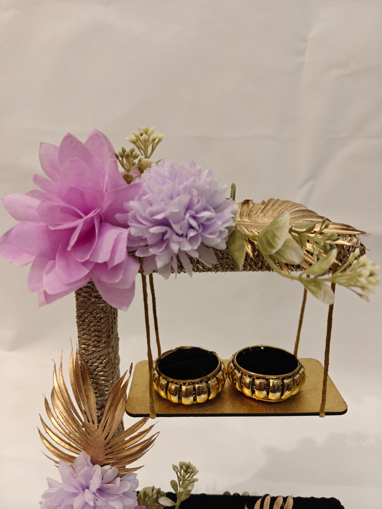 2-Tier Floral Ring Ceremony Stand — Lavender & Lilac | Wooden Ring Platter with Holders | The Wedding Station