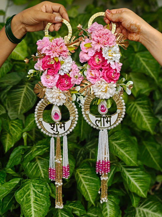 Pink floral Shubh Laabh Diwali hanging with white flowers, pearl detailing, diya motif and golden accents