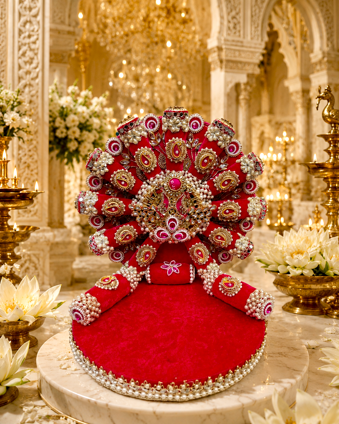 Royal Kundan Singhasan for Ladoo Gopal | The Royal Collection | Handcrafted Rani Pink Velvet Throne with Kundan Centrepiece, Gold Zardozi & Pearl Border | Bal Gopal Singhasan