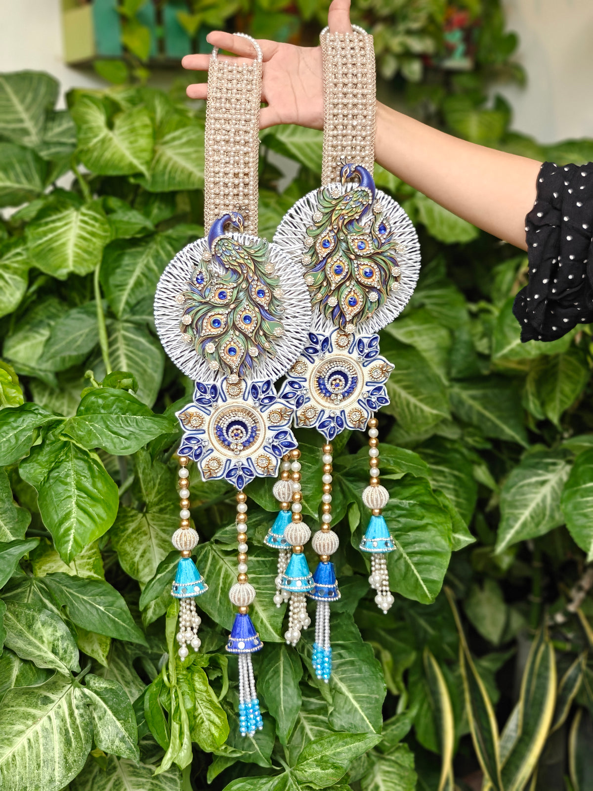 Blue Kundan Floral Peacock Hangings for Diwali Door Decor