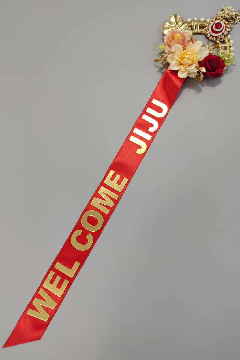 Welcome Jiju Floral Lock Ribbon for Groom's Mandap Entry | Baraat Welcome Door Ribbon | Red & Gold Groom Entry Decoration | The Wedding Station