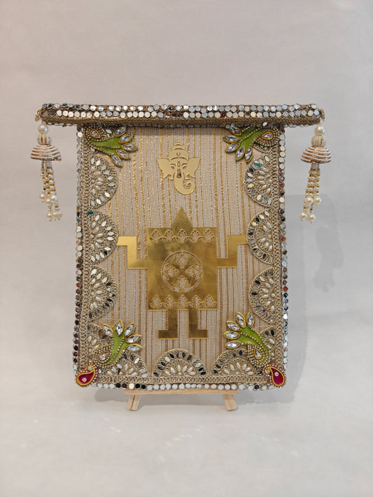 Handcrafted wedding thaapa devta frame in cream velvet with gold Ganesh Swastik acrylic, mirror border, kundan corners and pearl jhumki tassels - 9x12 inch MDF