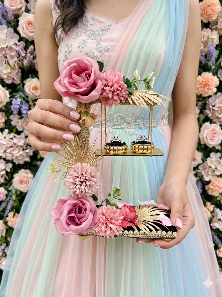 2-tier handcrafted wooden ring ceremony stand with dusty rose and mauve silk flowers, gold palm leaves, jute-wrapped column, swing shelf, and two gold ring holders — by The Wedding Station