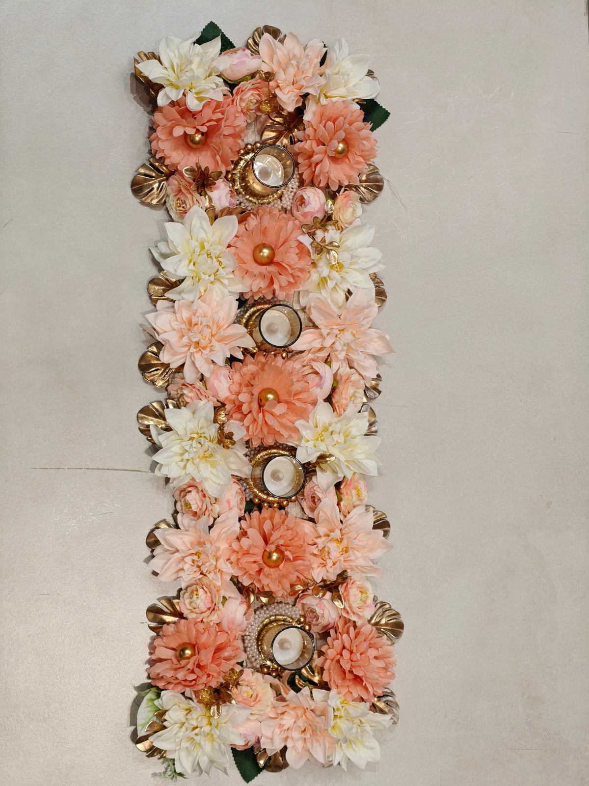 Peach Floral Table Runner with Candles for Diwali Table Decor