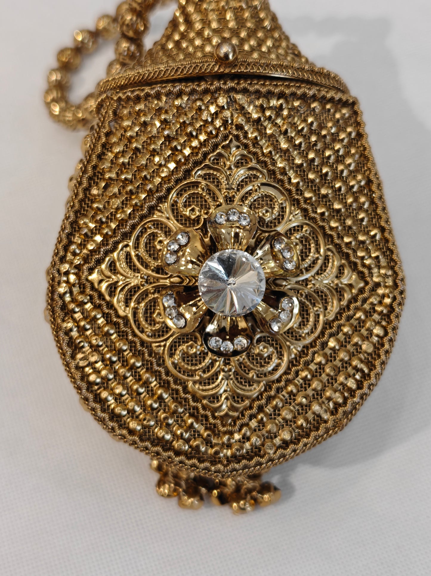 Handcrafted Gold Brass Mesh Potli Bag | Bridal Potli with Crystal Floral Medallion, Filigree Scrollwork & Bead Handle | Wedding Favour & Bridal Accessory