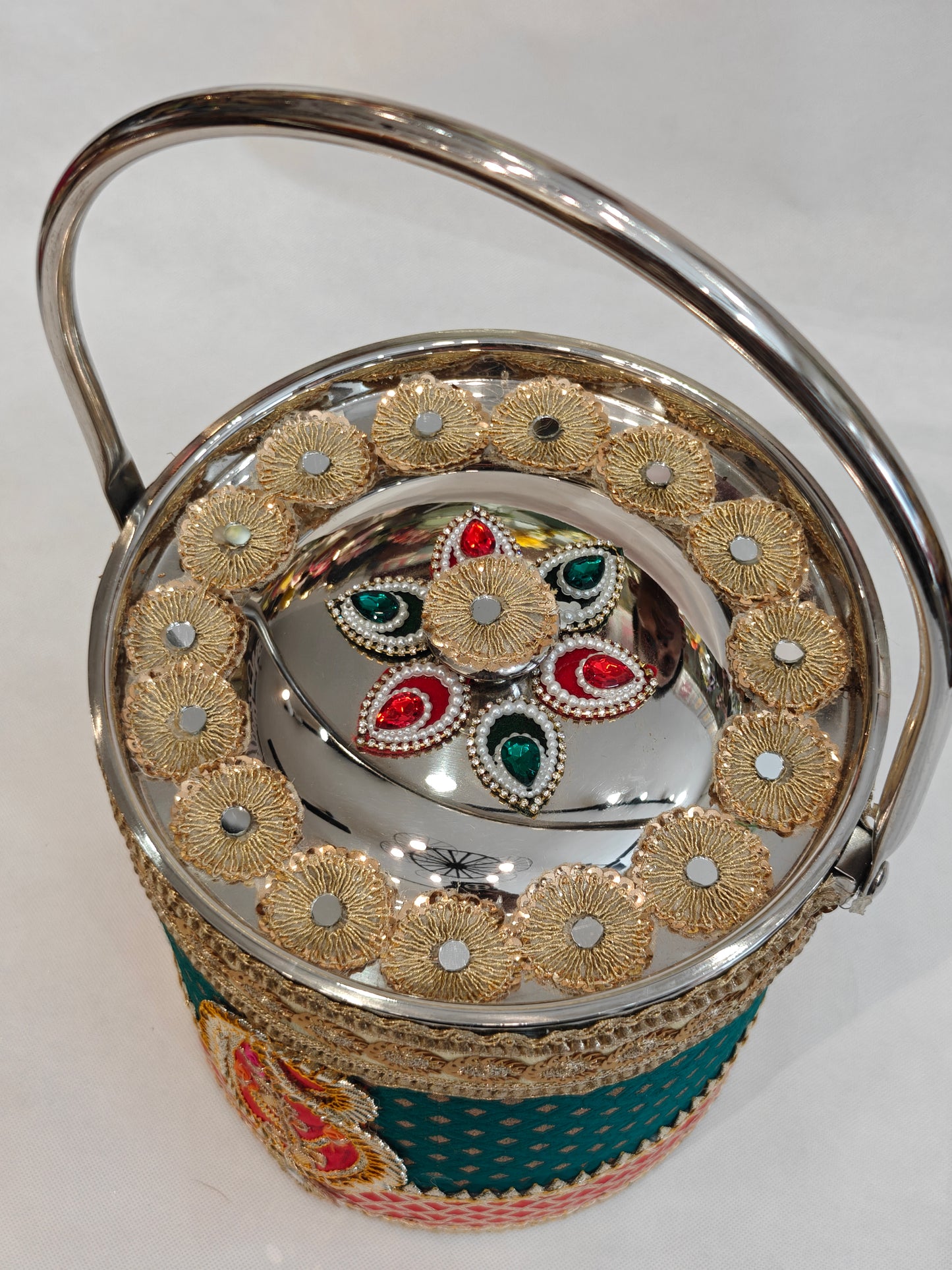 Decorated Stainless Steel Bucket with Handle for Indian Wedding | Green & Red Brocade with Kundan Paisley & Zardozi Lid | 8.25 Inch | Trousseau & Gifting