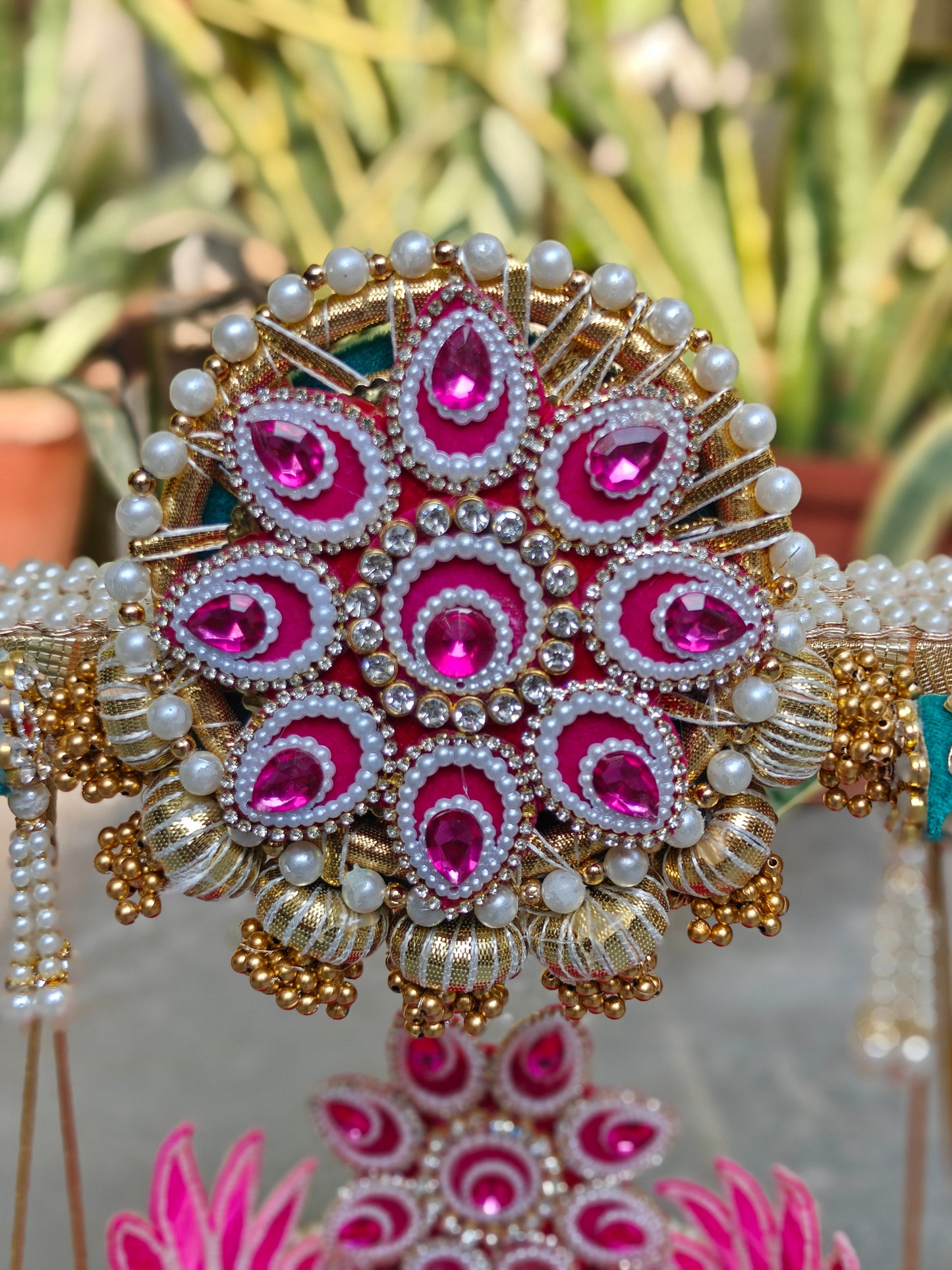 Royal Jhula & Singhasan for Ladoo Gopal | The Royal Collection | 2-in-1 Handcrafted Rani Pink & Teal Velvet Swing with Detachable Singhasan, Lotus Patra & Pearl Embellishments | 16 Inch Kanha Jhula