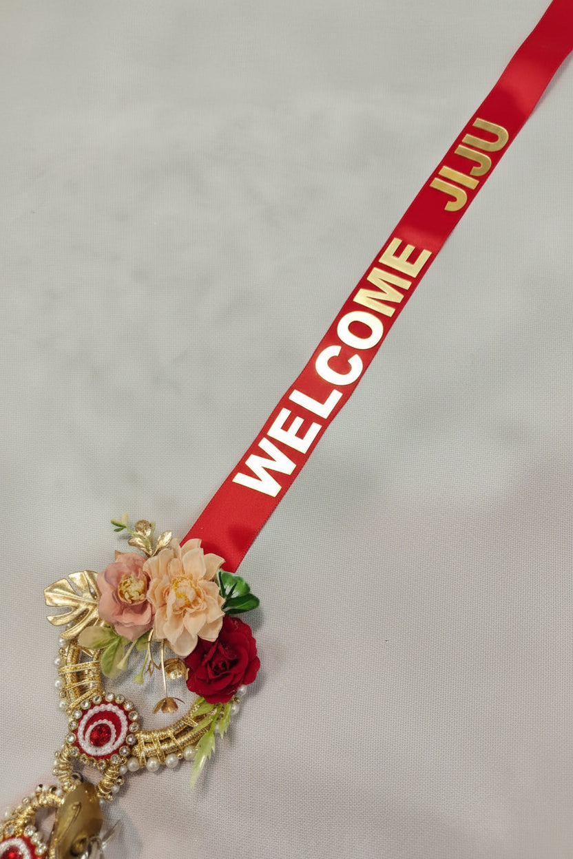 Welcome Jiju Floral Lock Ribbon for Groom's Mandap Entry | Baraat Welcome Door Ribbon | Red & Gold Groom Entry Decoration | The Wedding Station