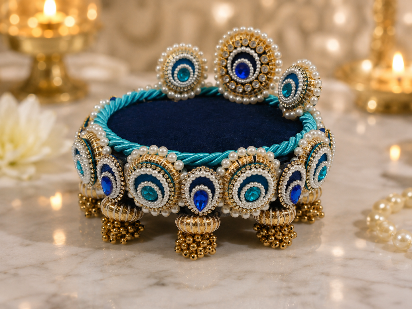 Teal & Blue Lotus Singhaasan for Ladoo Gopal | Handcrafted MDF Deity Throne with Lotus Backdrop | Teal Blue Gold | 6 Inch Base