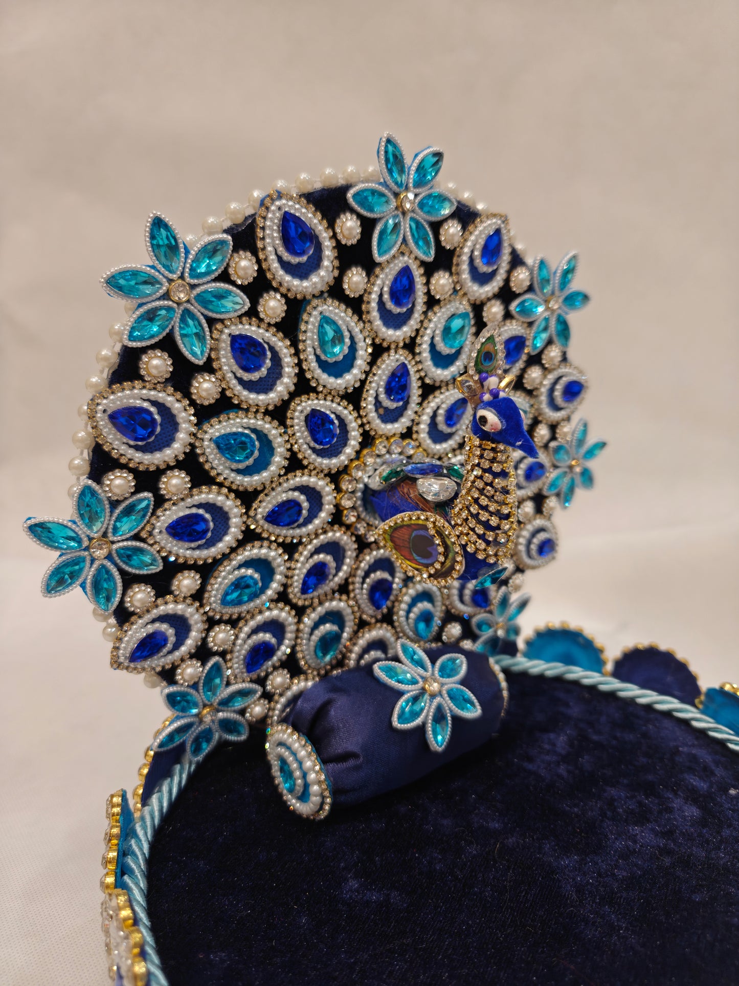 Peacock Singhaasan for Ladoo Gopal | Handcrafted MDF Deity Throne with Detachable Backdrop | Royal Blue & Teal | 9 Inch Base