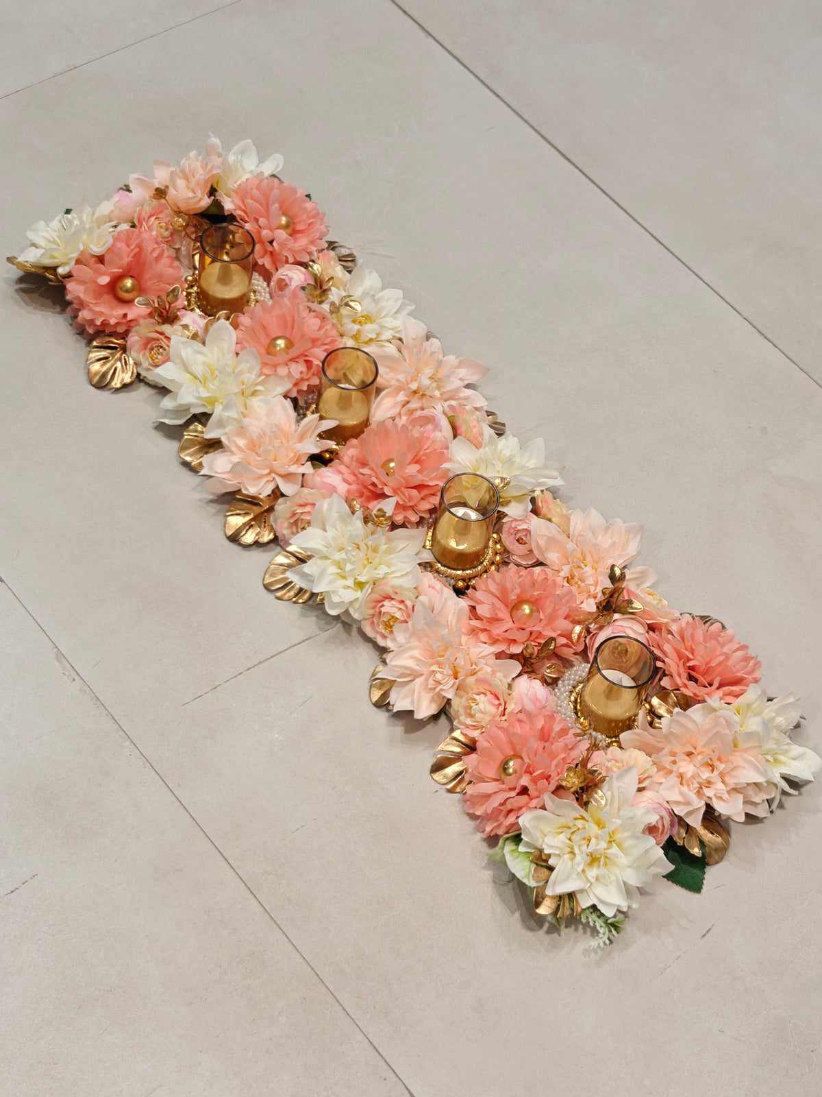 Peach Floral Table Runner with Candles for Diwali Table Decor