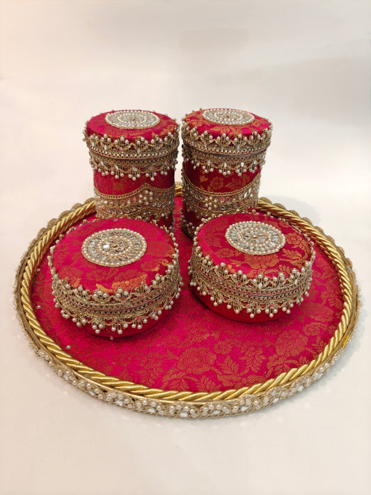 Royal Wedding Mewa & Mithai Platter Set with Decorated Steel Boxes- Rani Pink