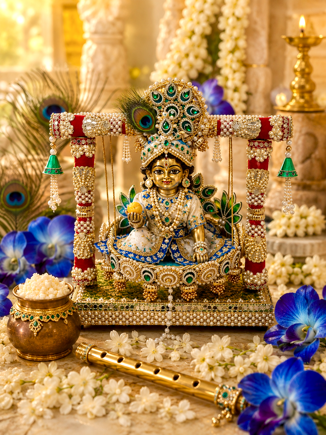 Royal Emerald Jhula & Singhasan for Ladoo Gopal | The Royal Collection | 2-in-1 Handcrafted Emerald Green & Crimson Velvet Swing with Detachable Singhasan, Brocade Base & Pearl Embellishments | 16 Inch Kanha Jhula