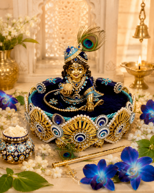 Ladoo Gopal idol seated on handcrafted navy blue and gold Singhaasan — 12 inch MDF deity throne base with gold sunburst medallions, sapphire blue gems, navy velvet seating and teal bolster cushions by The Wedding Station