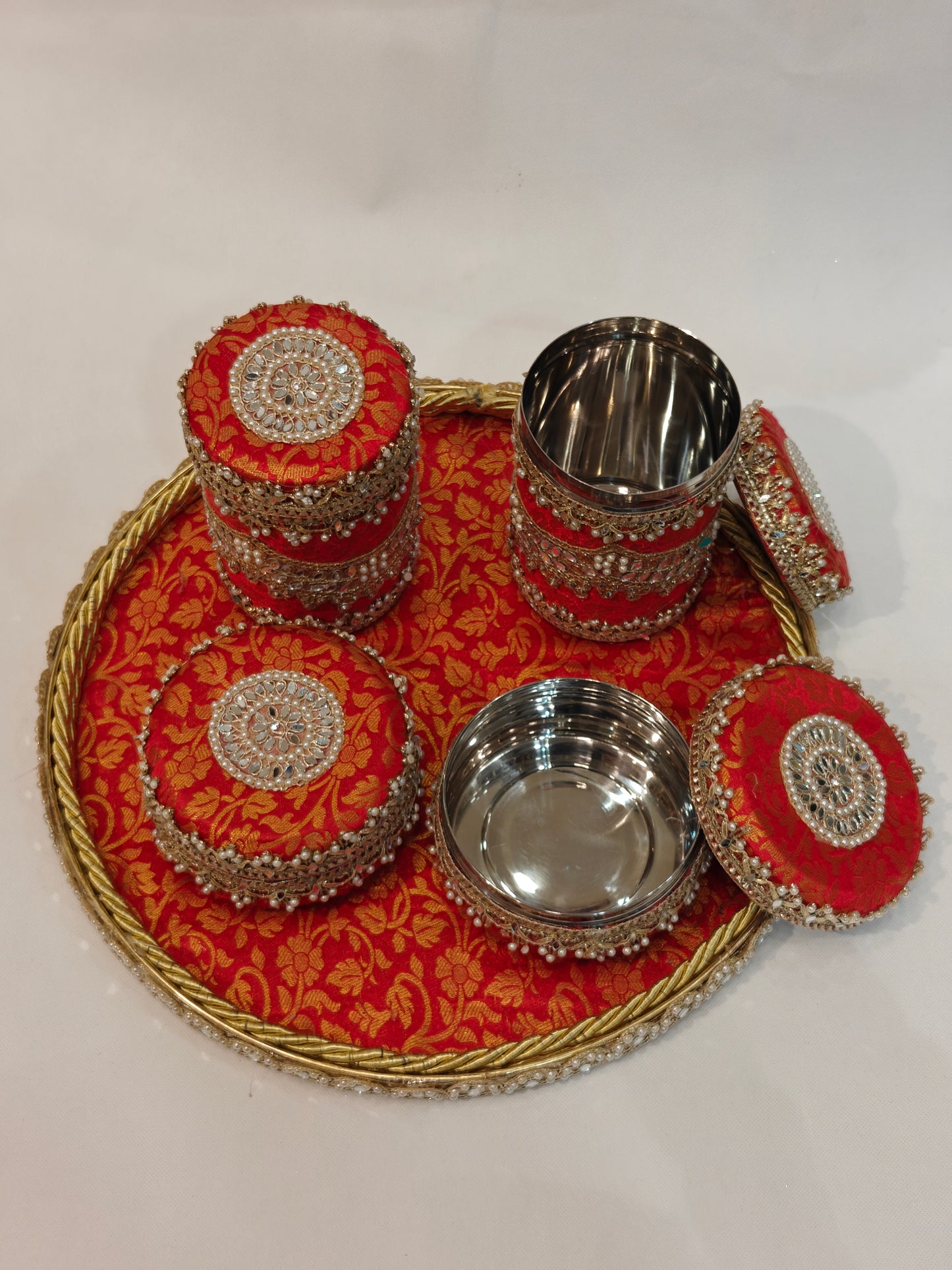 Royal Wedding Mewa & Mithai Platter Set with Decorated Steel Boxes- Red