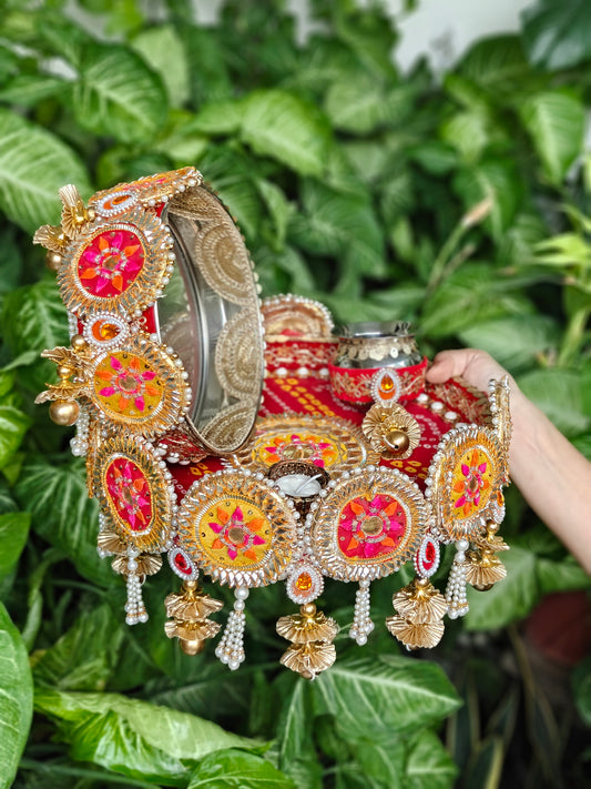 Rangrez Shringar red and gold Karwa Chauth thali set with 12 inch steel thali, steel channi, lota and candle