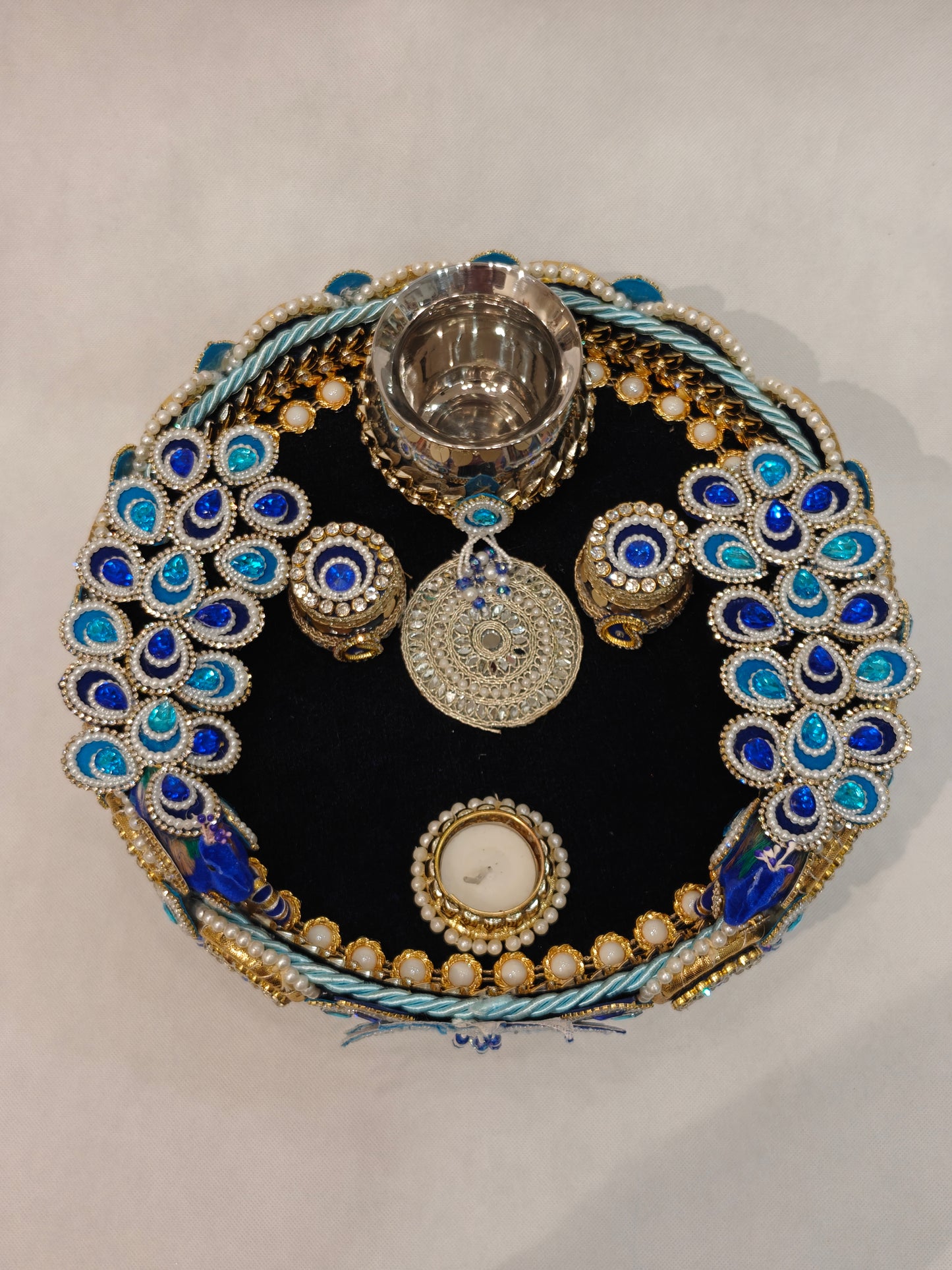 Handcrafted Peacock Pooja Thali Set | Royal Blue & Gold Wedding Puja Thali with Kalash, Diyas & Beadwork | Bridal Ceremony Thali | The Wedding Station