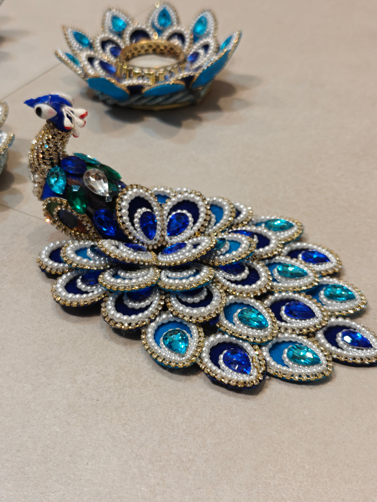 Blue Peacock & Lotus Crystal Tealight Holder Set