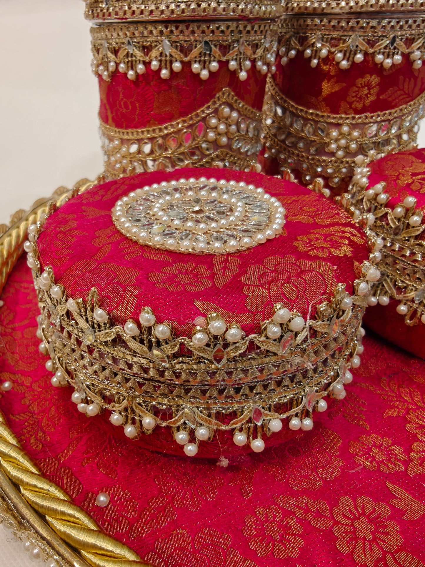 Royal Wedding Mewa & Mithai Platter Set with Decorated Steel Boxes- Rani Pink