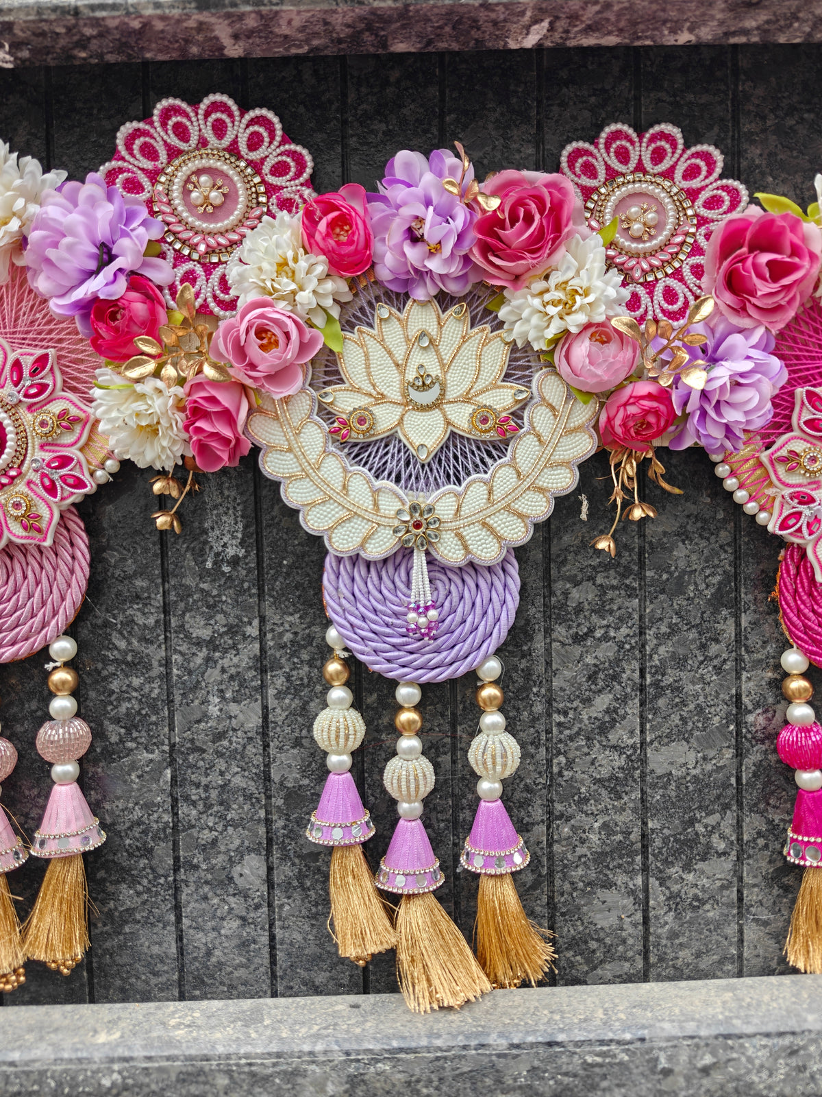 Pink & Lavender Floral Toran with Lotus Medallions, Roses & Gold Tassels | Designer Wedding Bandhanwar