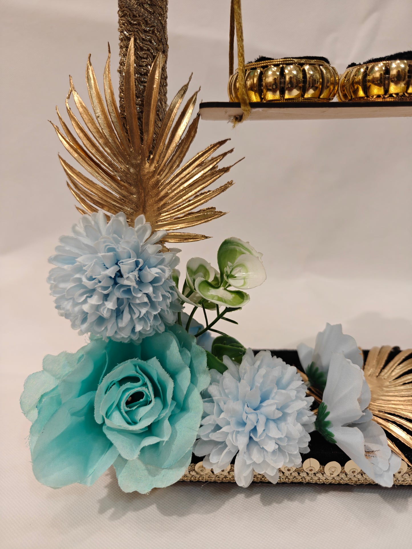 2-Tier Floral Ring Ceremony Stand — Teal & Baby Blue | Wooden Ring Platter with Holders | The Wedding Station