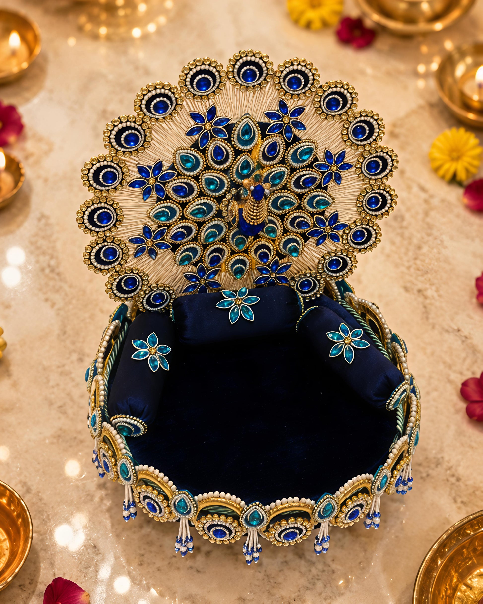 Handcrafted peacock singhaasan for Ladoo Gopal in royal blue and gold with gem embellishments, pearl beading, and detachable peacock feather backdrop — 12 inch MDF deity throne by The Wedding Station