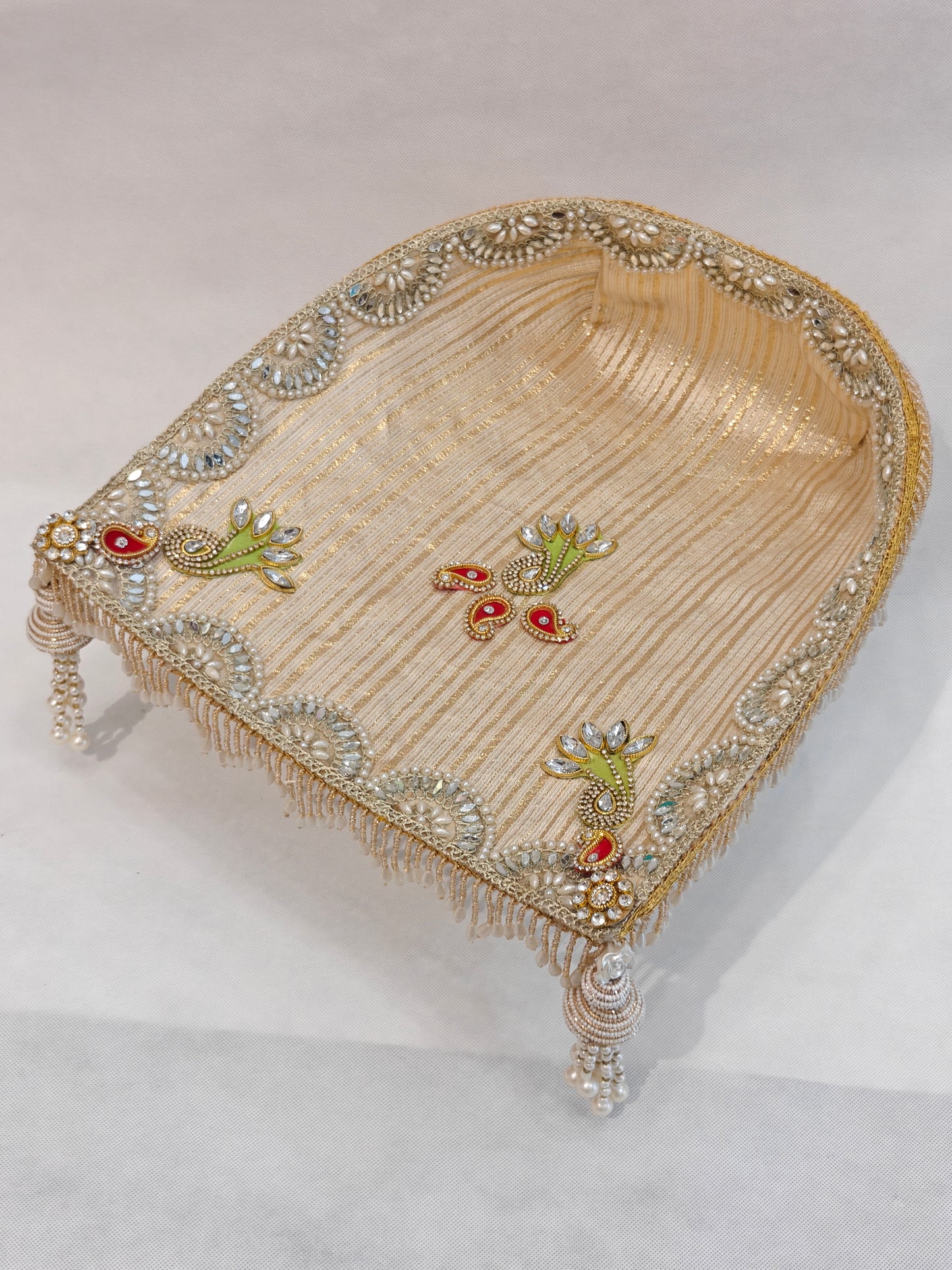 Large Soupda 12x13 inch with ivory and golden interior, layered pearl string border, gold zardozi medallion and cascading pearl bead fringes — handcrafted wedding puja tray by The Wedding Station