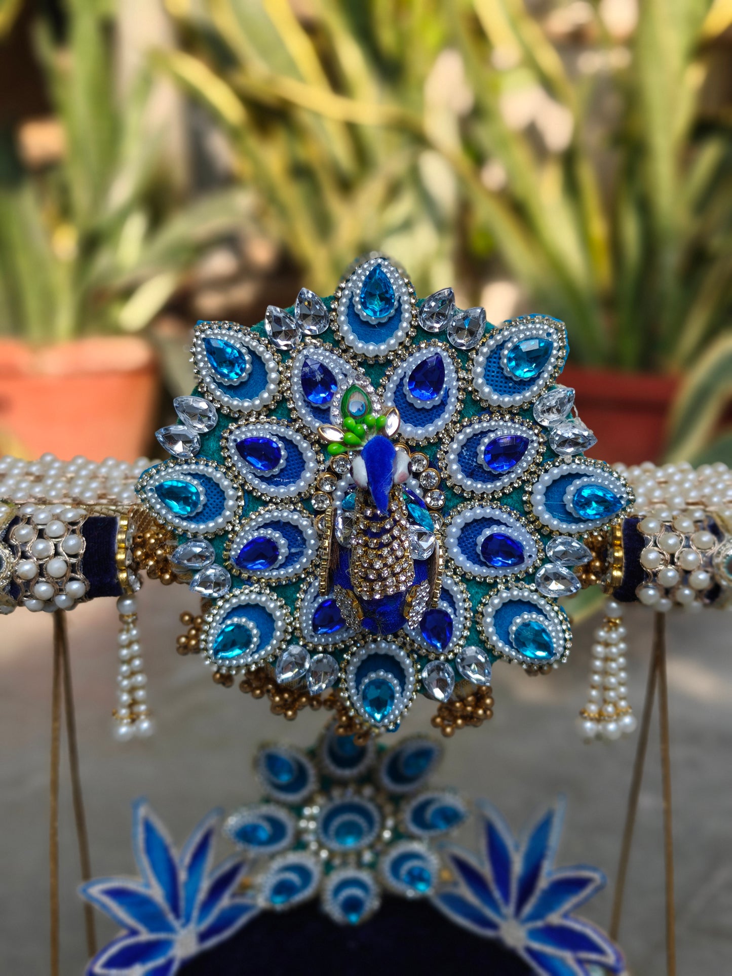 Royal Peacock Jhula & Singhasan for Ladoo Gopal | The Royal Collection | 2-in-1 Handcrafted Navy Blue & Teal Velvet Swing with Detachable Peacock Singhasan, Real Feather Motifs & Pearl Embellishments | 17 Inch Kanha Jhula