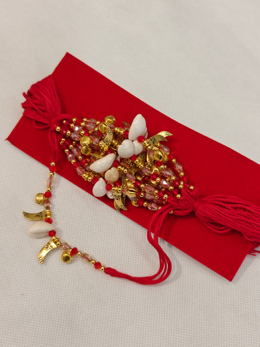 Hathlagi/Kangan Dora for Wedding Rituals | Handcrafted Bridal Wrist Ceremony Dora with Cowrie Shells, Gold Beads & Crystal Beads | Pack of 12 Pcs | The Wedding Station