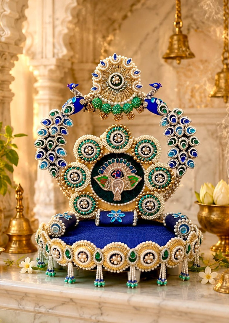 Royal peacock pearl Singhaasan for Thakur ji with detachable crown backdrop and blue velvet seat