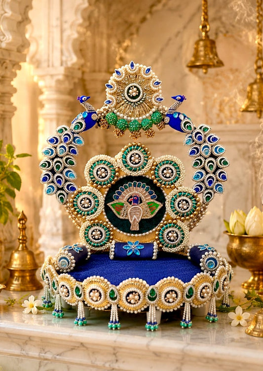 Royal peacock pearl Singhaasan for Thakur ji with detachable crown backdrop and blue velvet seat