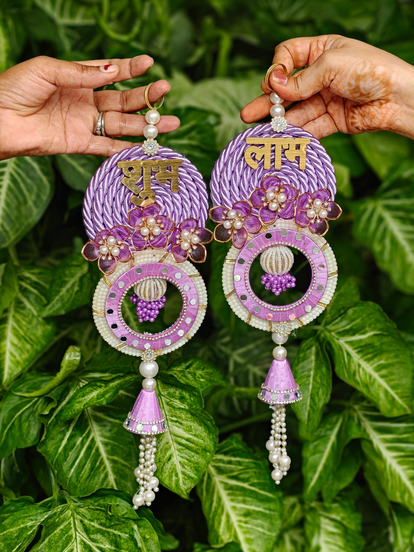 Shubh Laabh decorative hanging for Diwali festive decor in blue, pink, red and lavender, 13.5 x 4 inches