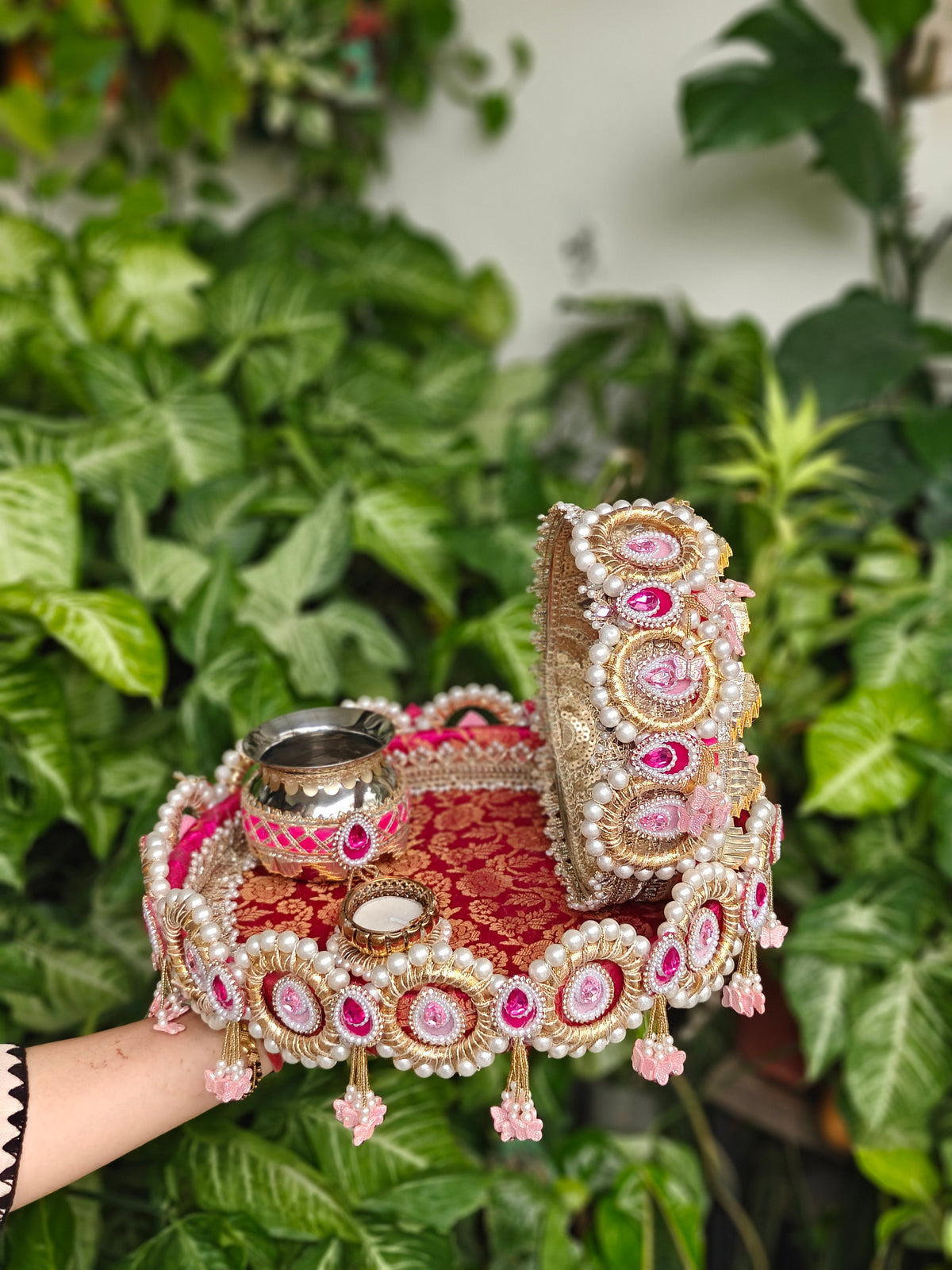 Royal pink pearl decorated Karva Chauth thali set with 12-inch steel thali, steel kalash, channi, candle and removable pooja accessories