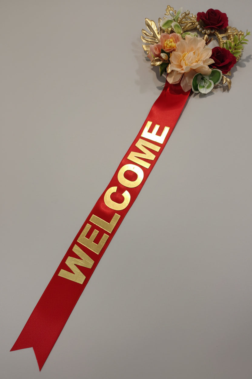 Welcome Bahurani Floral Lock Ribbon for Bride Entry | Griha Pravesh Door Ceremony Decoration | Red & Gold Bridal Welcome Sash | The Wedding Station