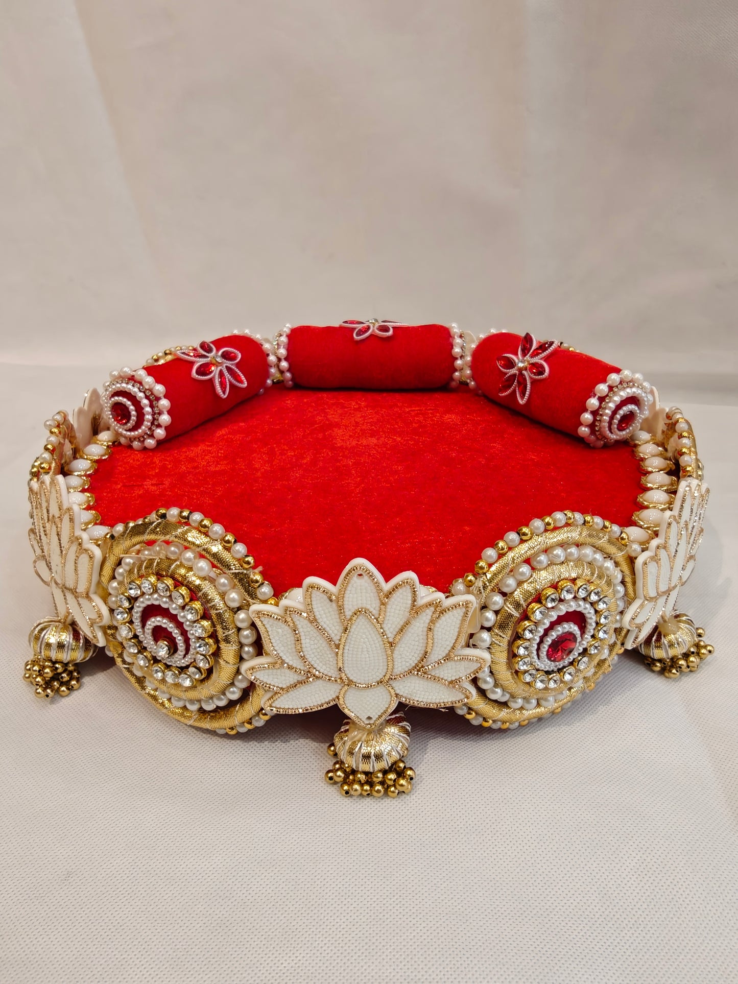 Red & White Lotus Singhaasan for Ladoo Gopal | Handcrafted MDF Deity Throne Base | Red White Gold | 12 Inch Diameter