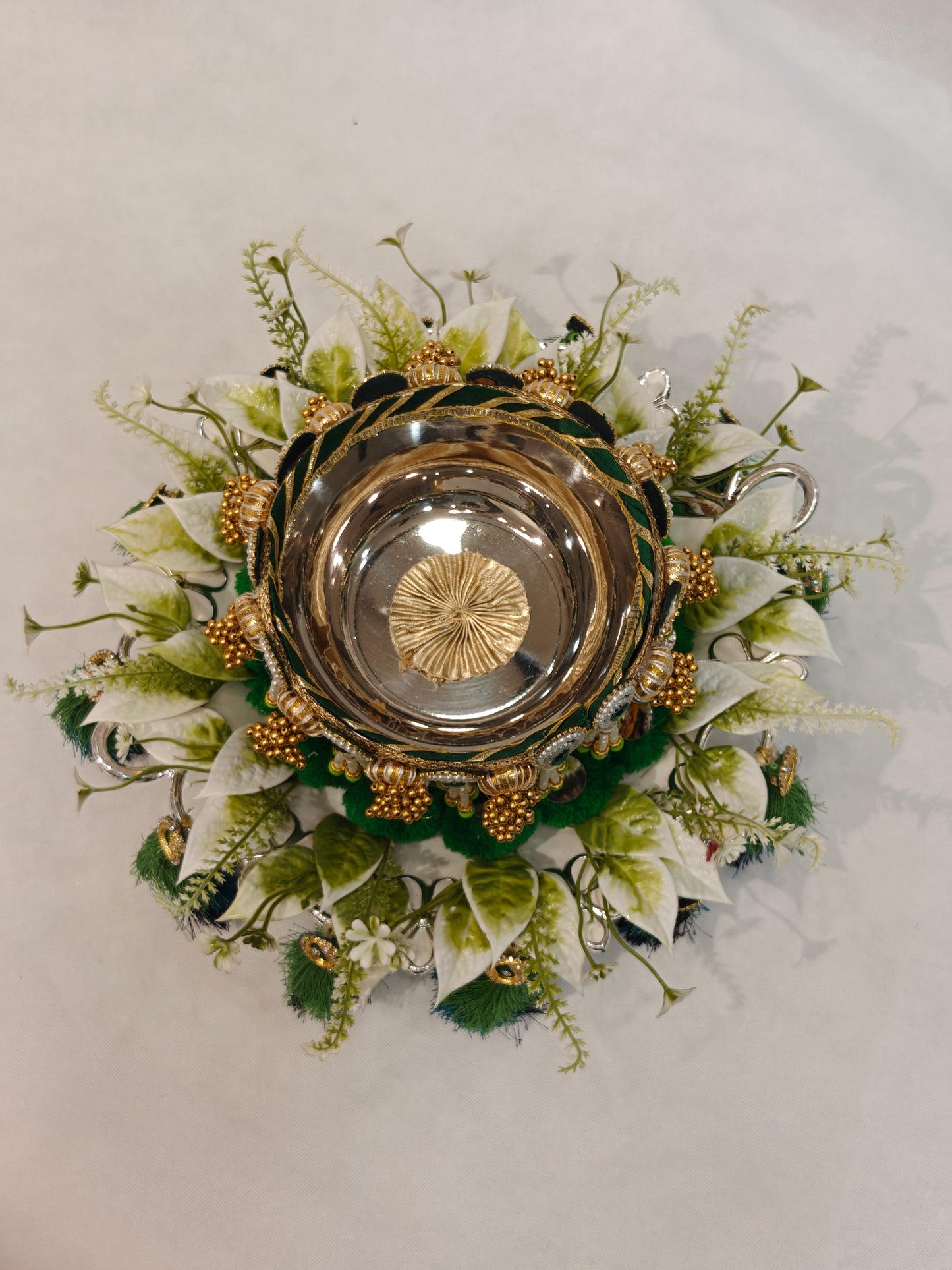 Decorative Mehendi Ceremony Platter | 12" Plastic Base | 6" Metal Mehendi Bowl | Peacock Green Tassel & Pearl Embellished | White Floral Ring | Wedding Ritual Thali