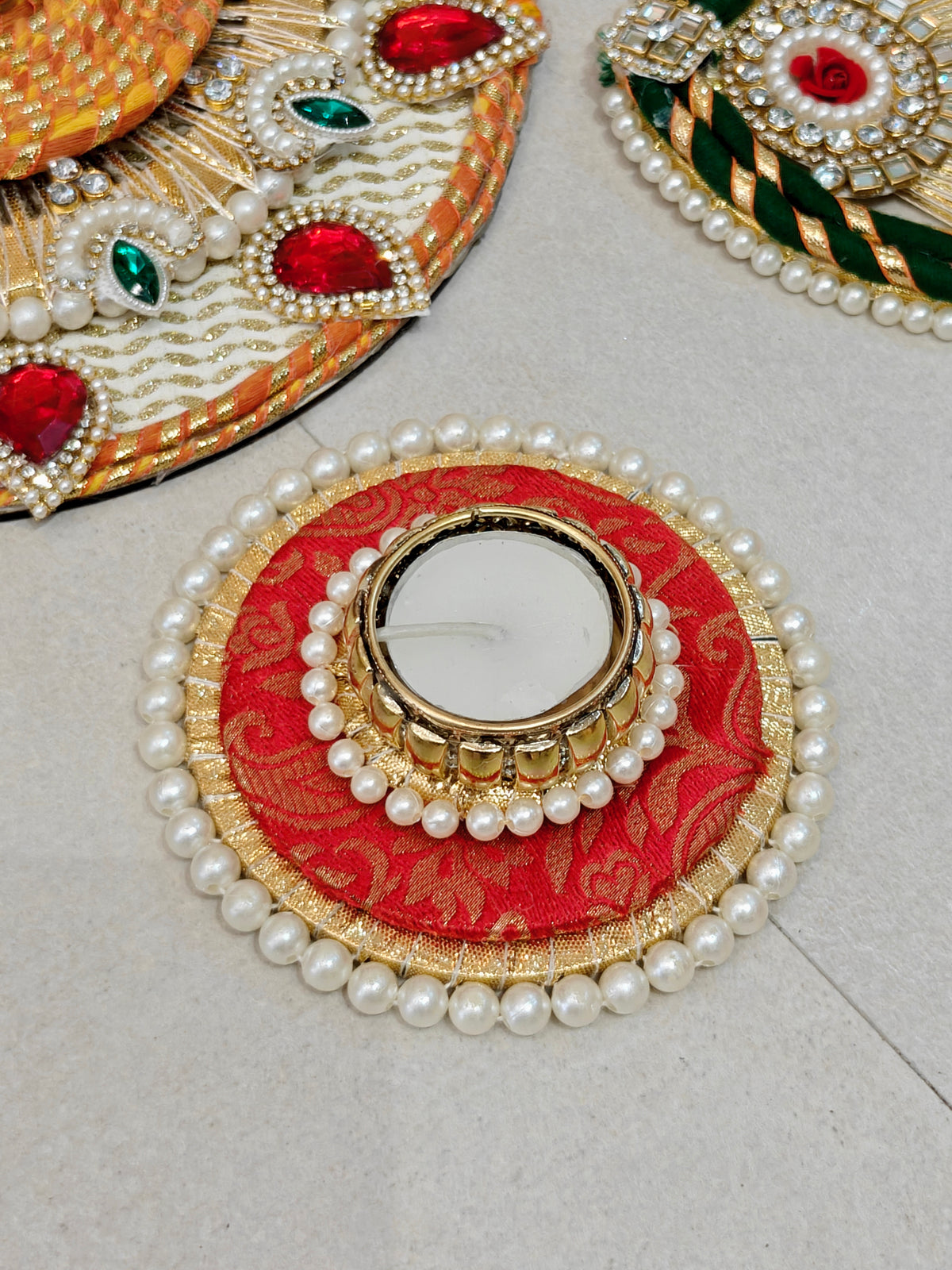 Ivory & Red Floral Rangoli Set with Rose Motifs and Tealight Holders