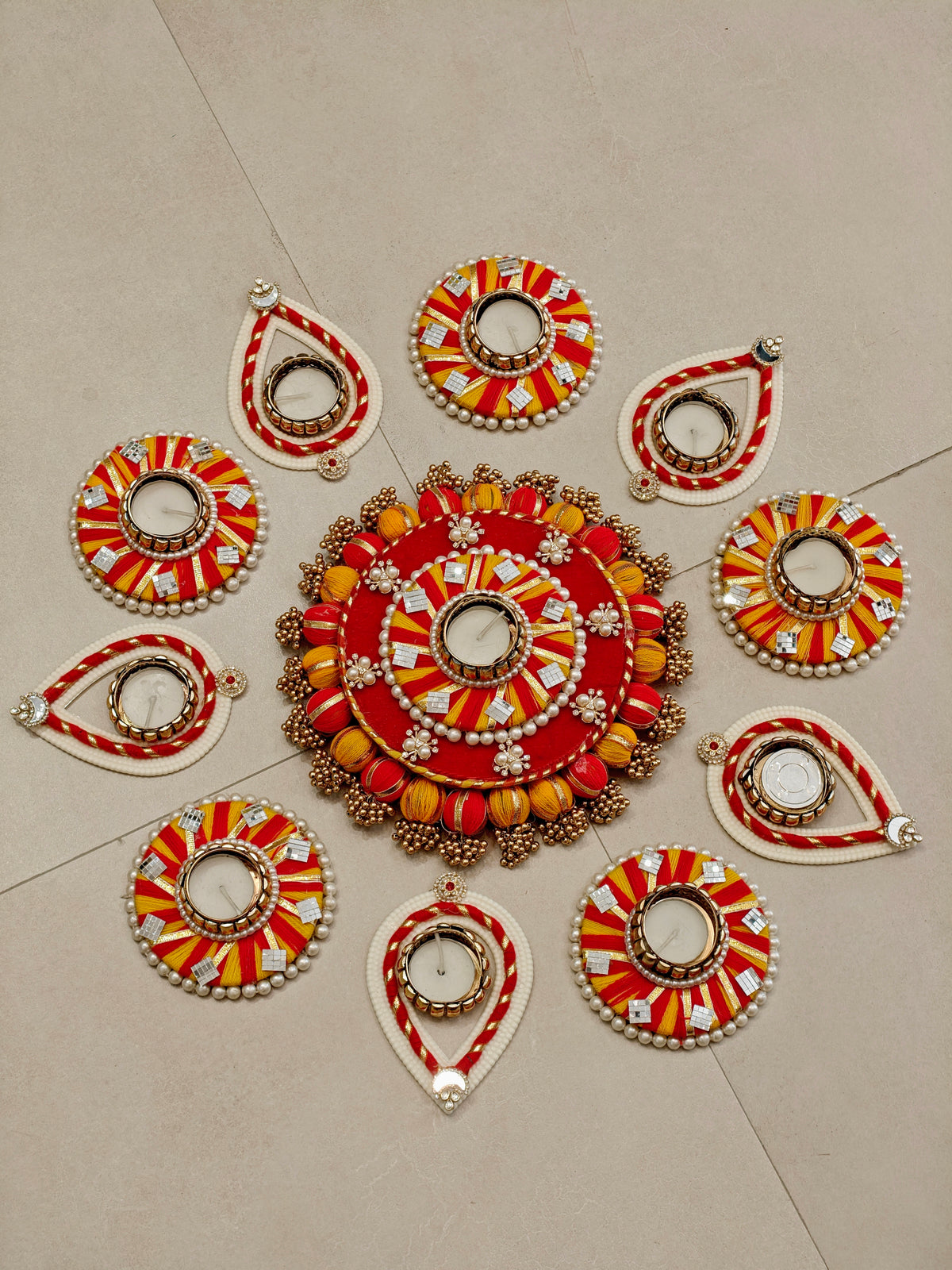 Red & Yellow Pom-Pom Border Rangoli Set with Teardrop Tealight Holders