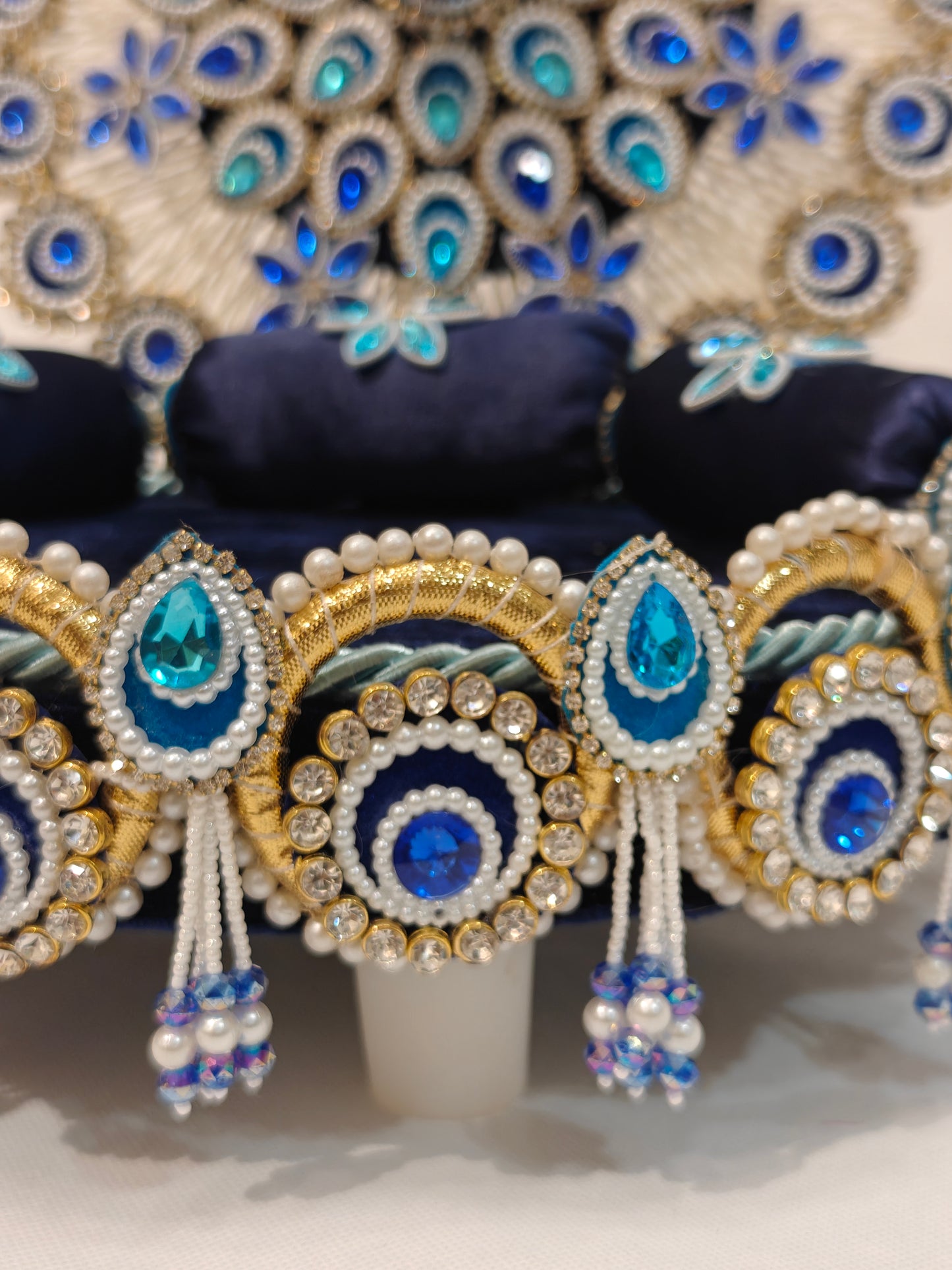 Peacock Singhaasan for Ladoo Gopal | Handcrafted MDF Deity Throne with Detachable Backdrop | Blue & Gold | 12 Inch