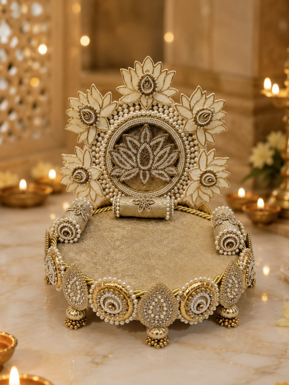 Full front view of handcrafted ivory lotus garden Singhaasan for Ladoo Gopal — 12 inch MDF deity throne with five lotus flower backdrop, detachable design, brocade seating and pearl gem border by The Wedding Station