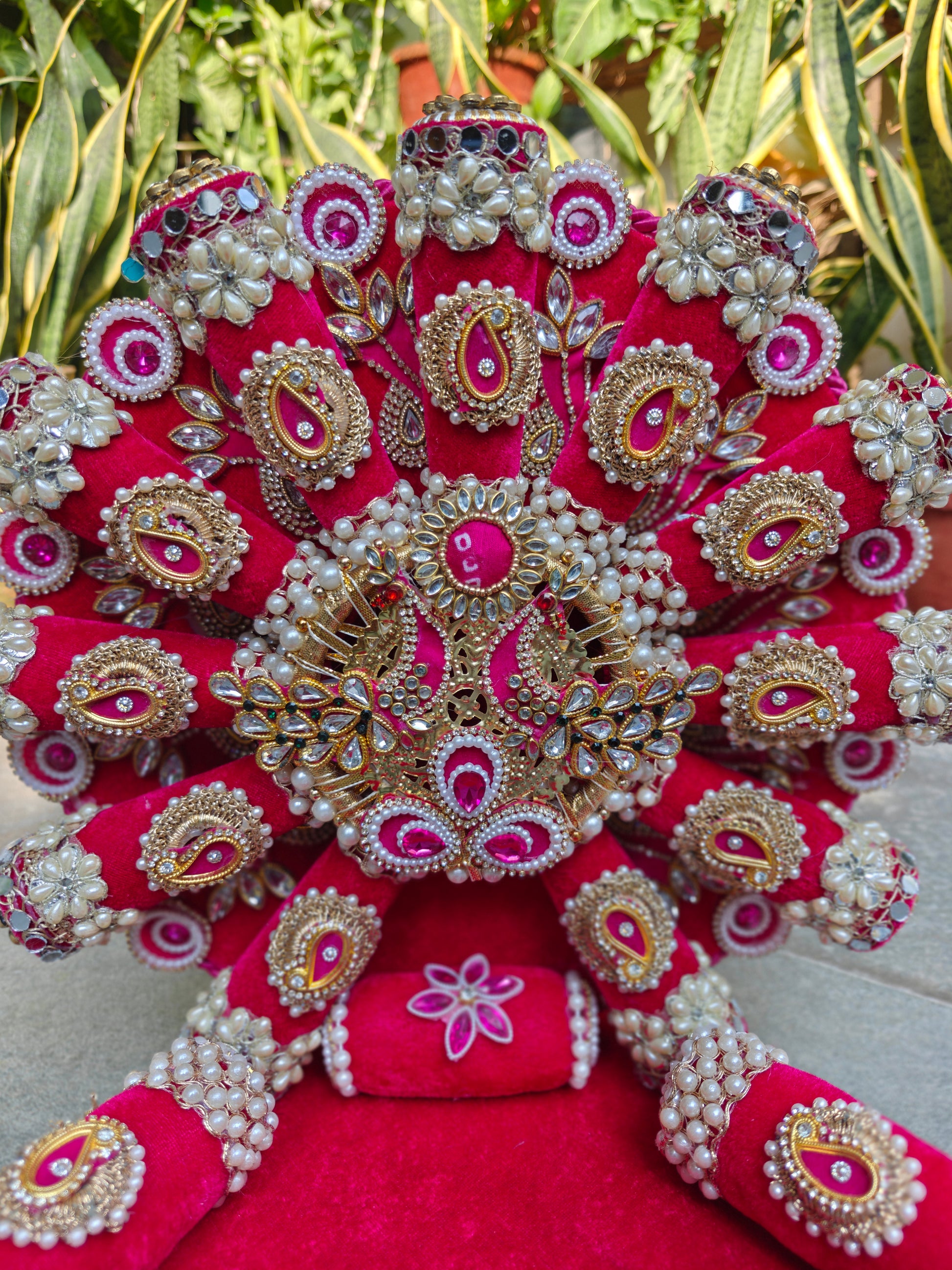 Royal Collection handcrafted rani pink velvet singhasan for Ladoo Gopal – antique gold Kundan polki centrepiece with fuchsia cabochon, zardozi paisley embellishments, mirror roundels, marquise crystals, double pearl border and detachable backdrop – The Wedding Station