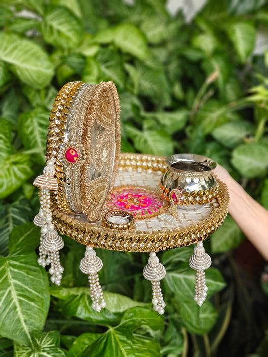 Sunehri Rajsi Designer Karva Chauth Thali Set with Steel Channi & Kalash | Premium Karwa Chauth Pooja Set